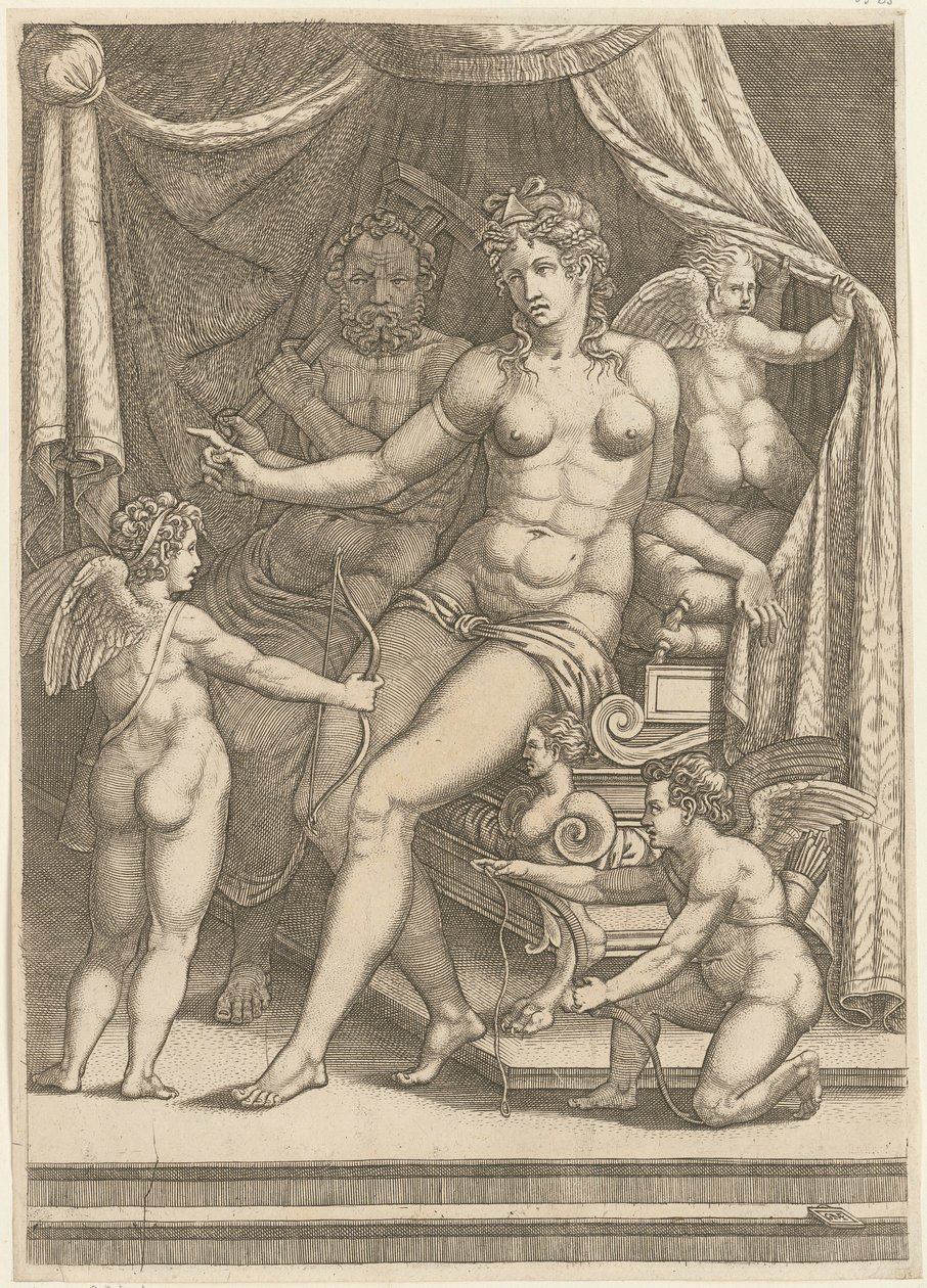 Venus och Vulkan sittande på en säng av Giorgio Ghisi