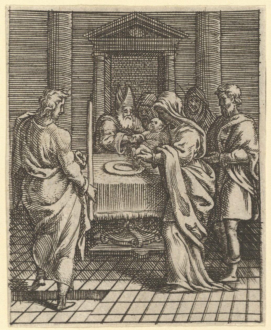 Virgin of Sorrows: The Presentation in the Temple, en av nio omgivande fack..., år 1575. av Giorgio Ghisi