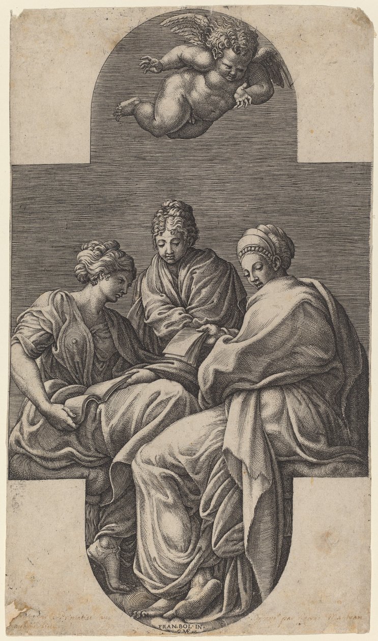 Tre muser och en gestikulerande putto av Giorgio Ghisi after Francesco Primaticcio