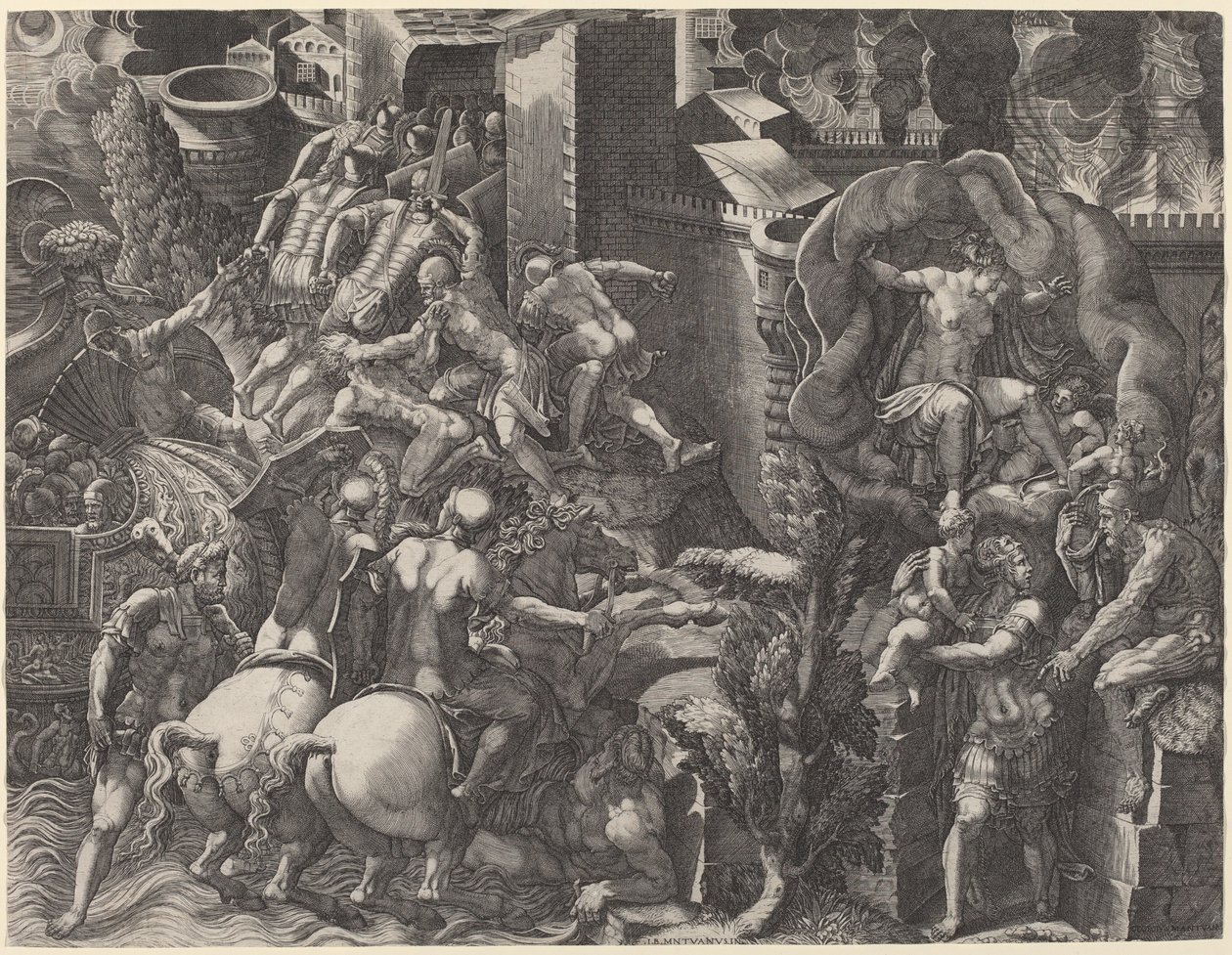 Trojas fall och Aeneas flykt av Giorgio Ghisi after Giovanni Battista Scultori