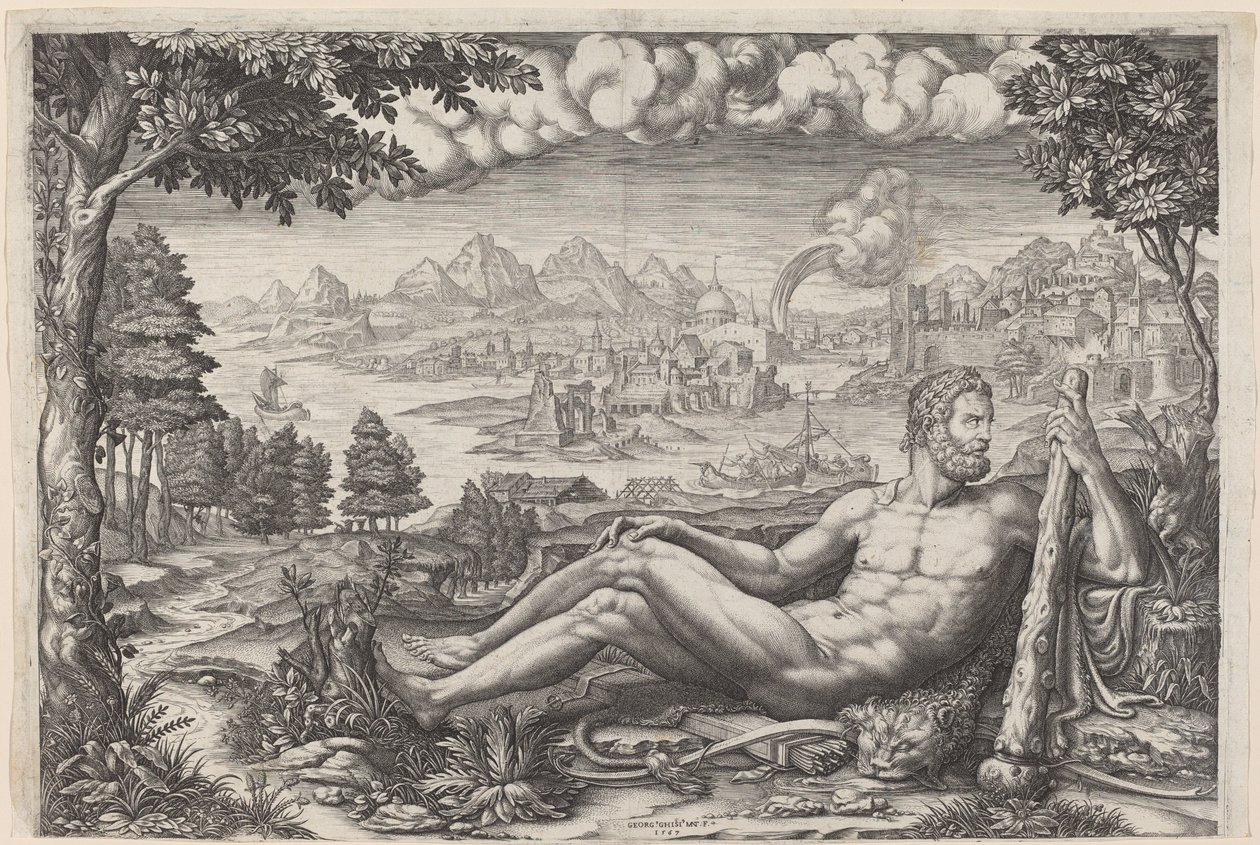 Hercules vilar från sitt arbete av Giorgio Ghisi after Giulio Romano