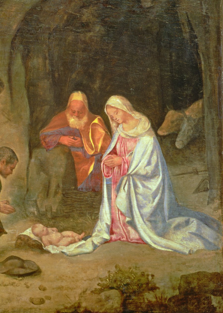 Adoration of the Shepherds, detail of the Holy Family, c.1510 (panel) (detail of 68685)swed av Giorgio Giorgione