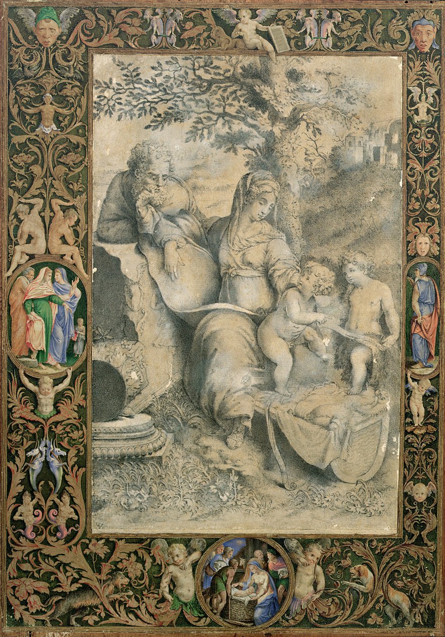 Kant av ett upplyst manuskript som omger en teckning efter Rafaels The Holy family under the Oak (tillskriven Clovio), av Giorgio Giulio Clovio