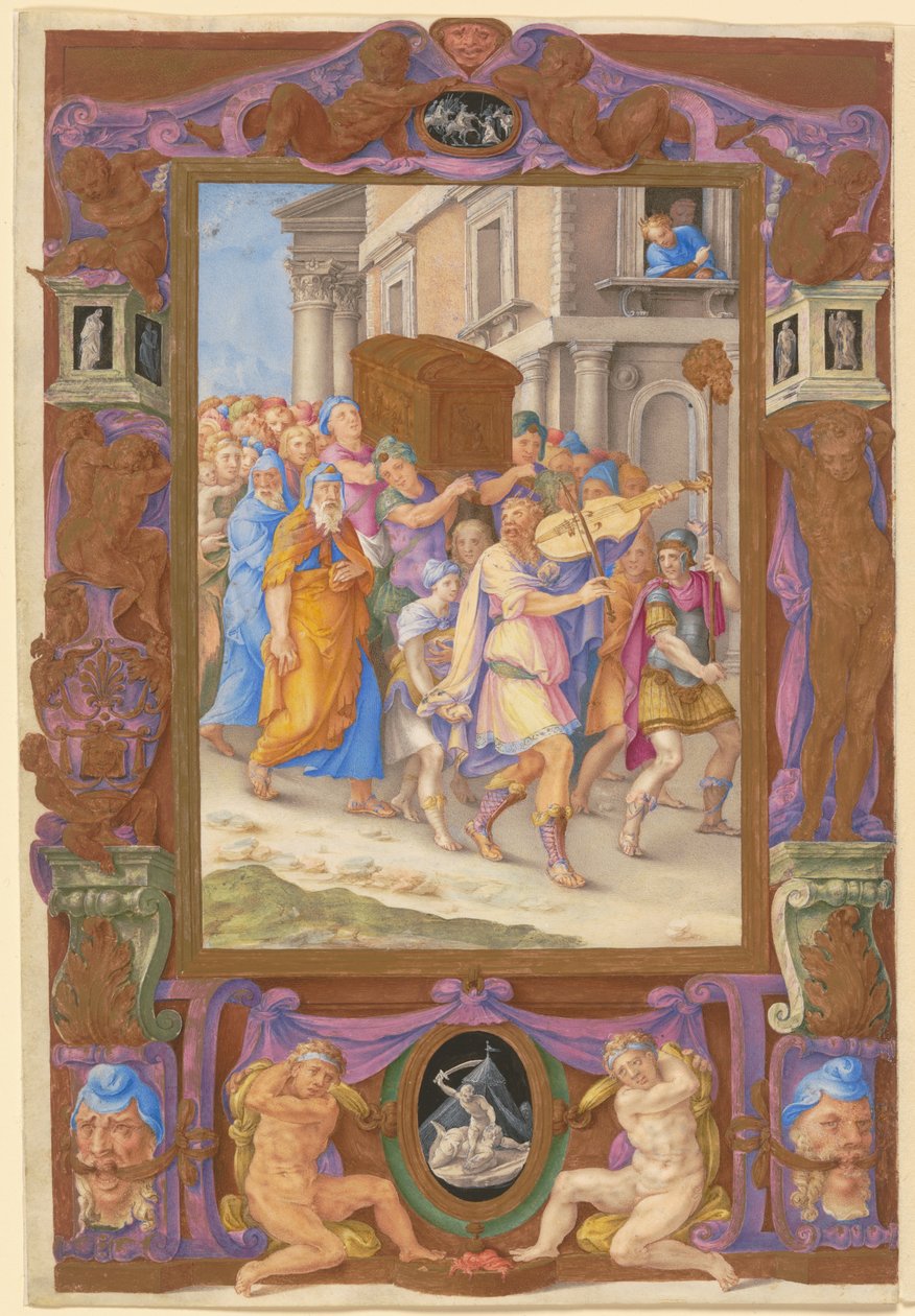 Kung David dansar inför förbundsarken, i en dekorativ ram, ca 1540 (akvarell och kroppsfärg på pergament) av Giorgio Giulio Clovio