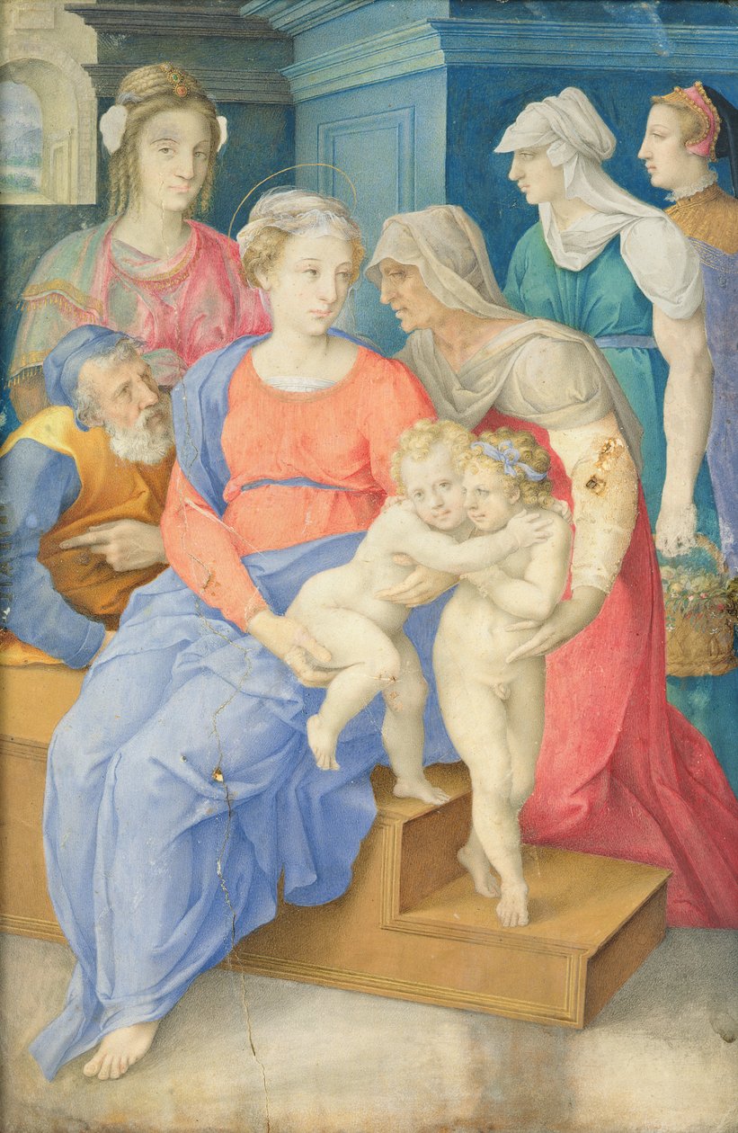 Den heliga familjen med St. Elizabeth, St. Johannes Döparen och tre adelskvinnor, ca 1557 av Giorgio Giulio Clovio