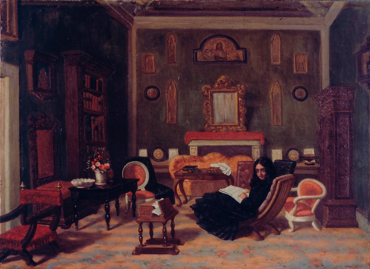 Elizabeth Barret Browning i vardagsrummet i Guidi-huset i Florens, ca 1880 (olja på duk) av Giorgio Mignaty