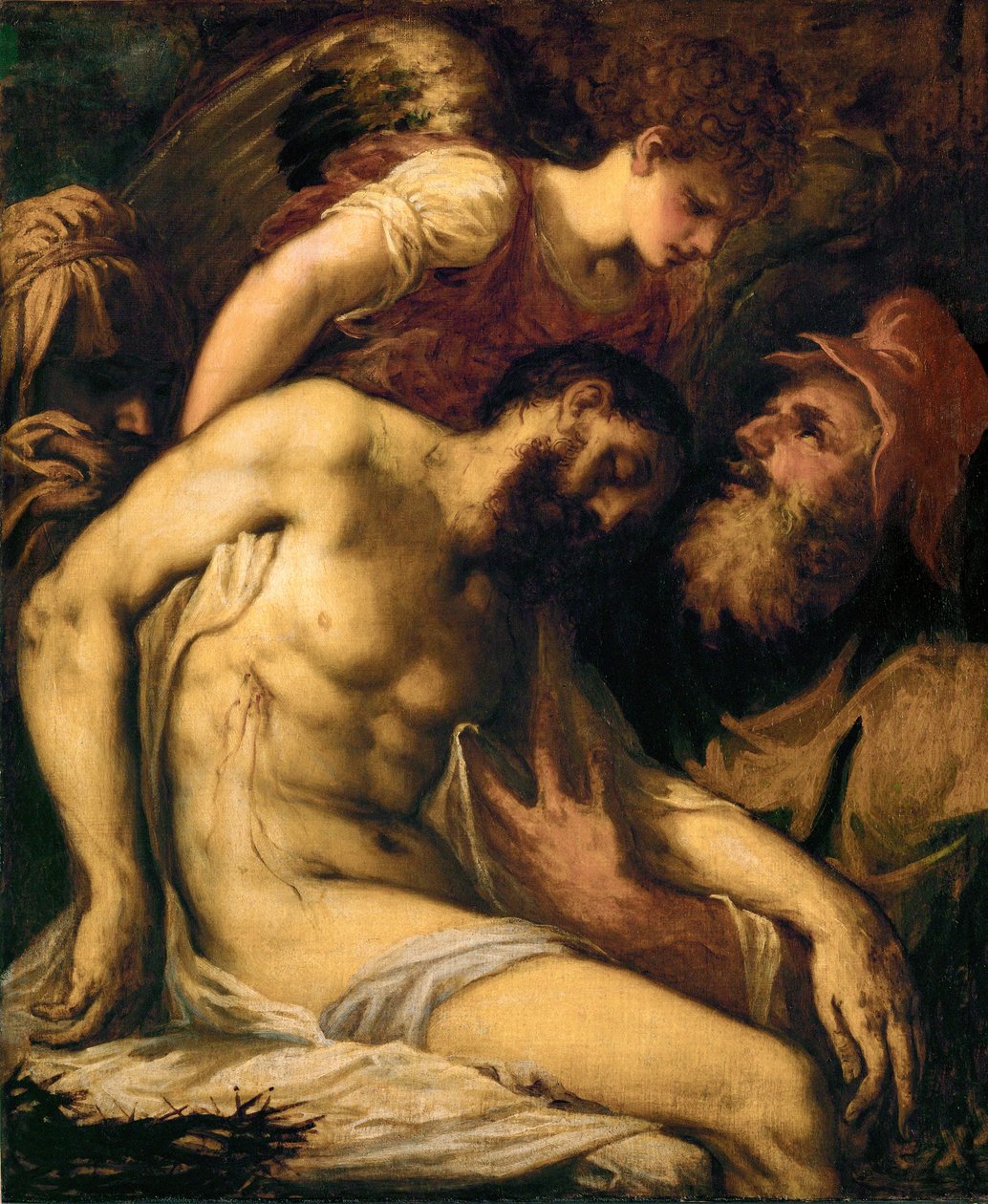 Död Kristus, stödd av en ängel och av Josef av Arimatea ... (målning på duk) av Giorgio Schiavone