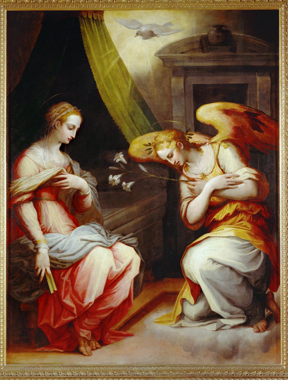 Bebådelsen. Mittpanelen i en triptyk. Målad för huvudaltaret i Santa Maria Novella i Arezzo ... av Giorgio Vasari