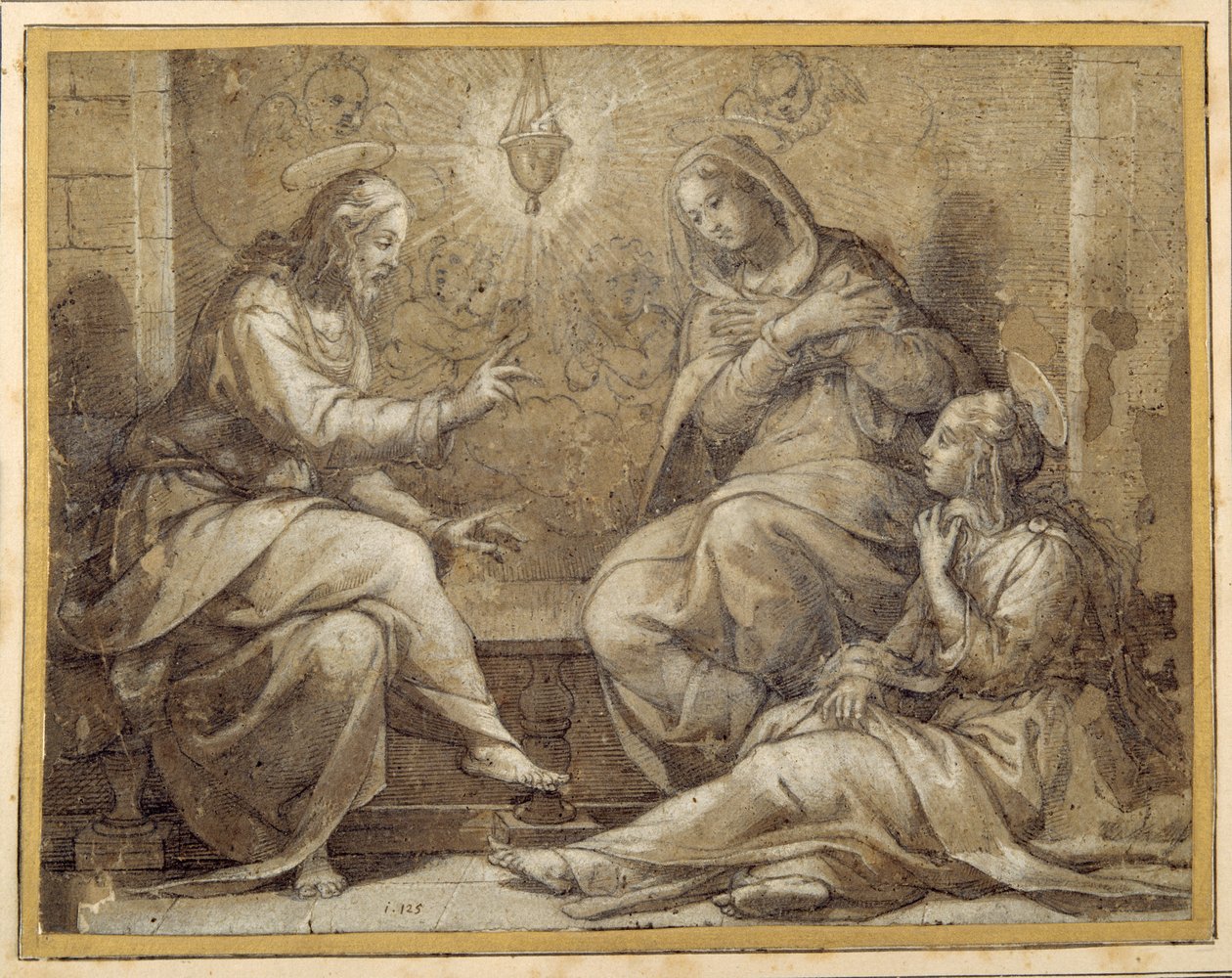Kristus i Marthas och Marias hus (penna och bläck med tvätt och gouache, över krita, på papper) av Giorgio Vasari