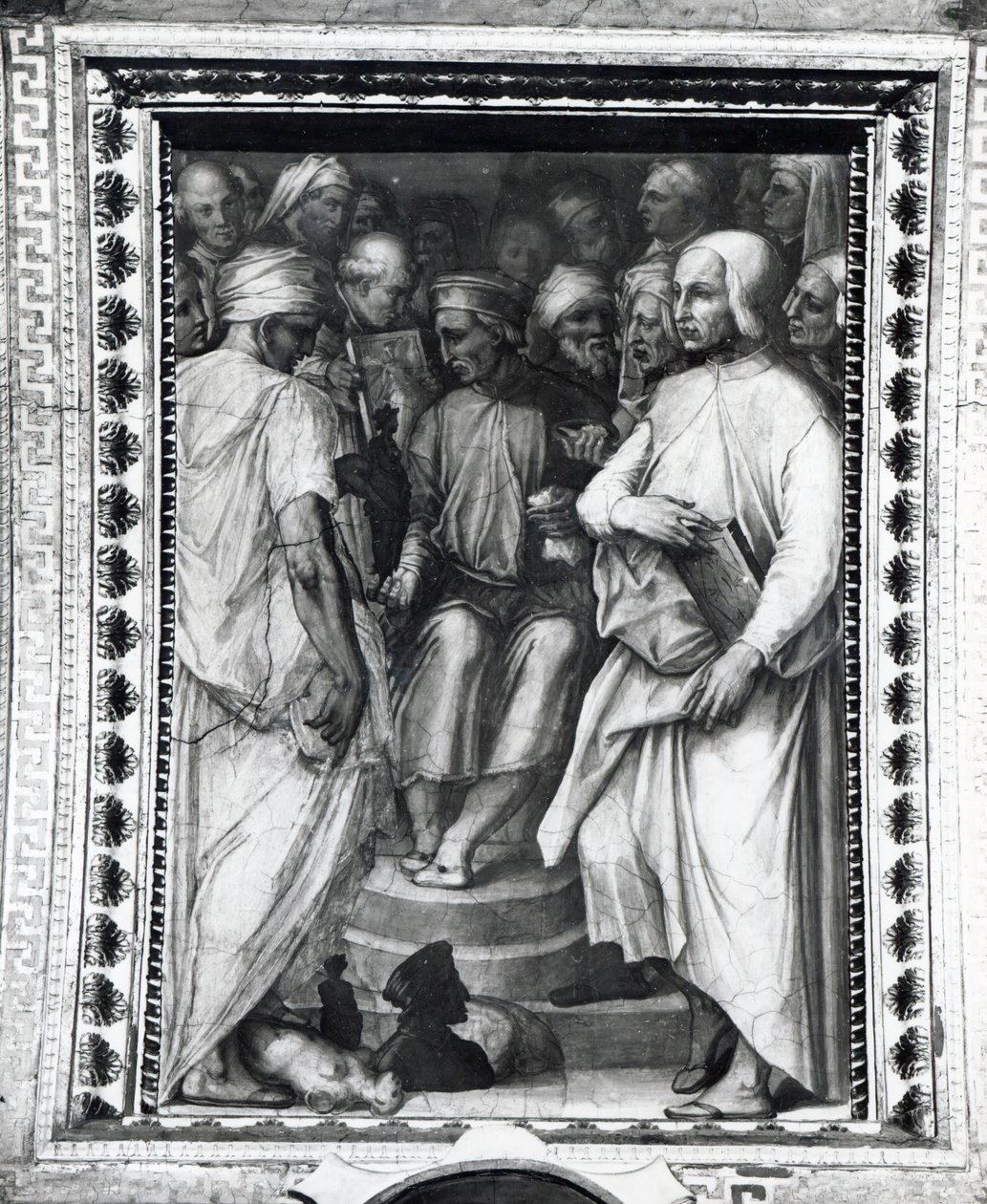 Cosimo de Medici sitter bland filosofer och konstnärer i Sala di Cosimo il Vecchio av Giorgio Vasari
