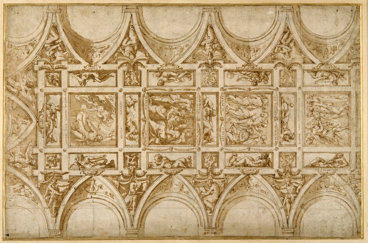 Design för refektoriets tak på Jesuit College i Cortona (penna & brunt bläck med ljusbrun tvätt) av Giorgio Vasari