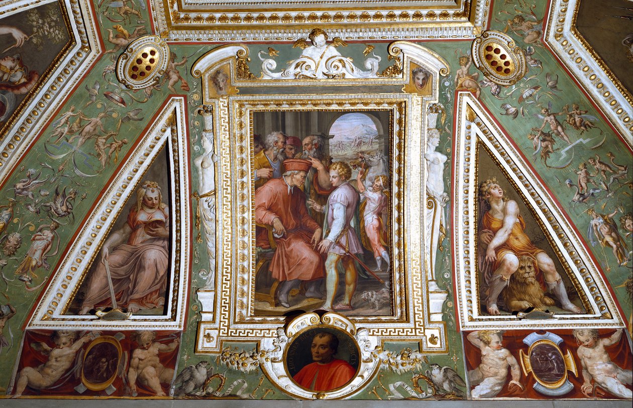Detalj av rummet för Cosimo de Medicis som representerar sig själv med Sante Bentivoglio, guvernör i staden Bologna (fresk). av Giorgio Vasari