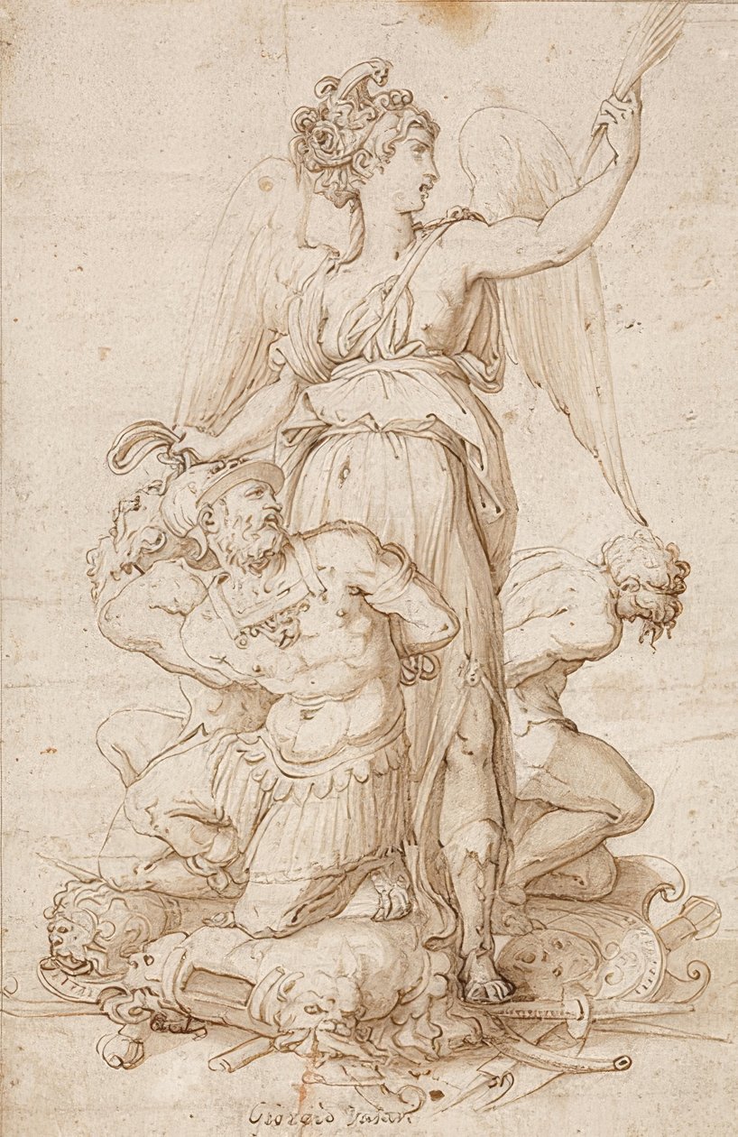 Bevingade Victoria med en palmgren och tre fångar som knäböjer på troféer. Omkring 1540 av Giorgio Vasari