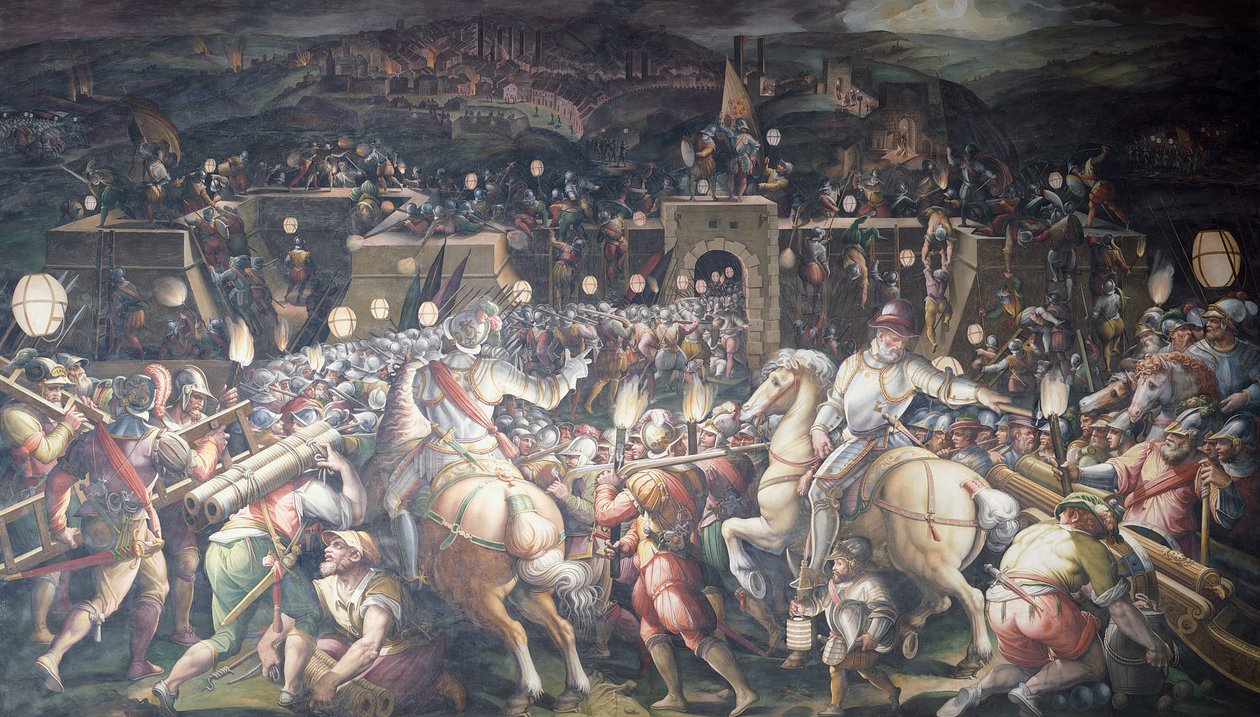 Italien, Florens, Palazzo Vecchio (gamla palatset), Salone dei Cinquecento, intagande av fortet nära Port Camollia i Siena av Giorgio Vasari