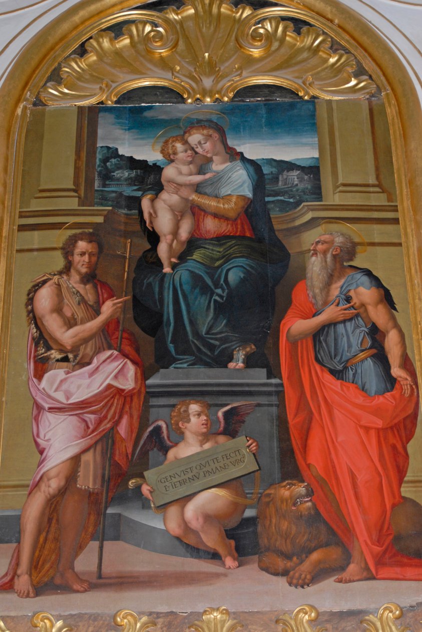 Madonna och barn mellan St John Baptist och St Jerome, målning av Giorgio Vasari, kyrka i Camaldoli kloster, Camaldoli, Toscana, Italien av Giorgio Vasari