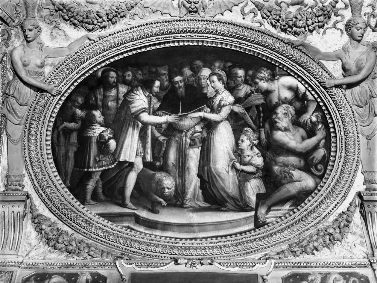 Pope Clement VII (1478-1534) marrying Catherine de Medici (1519-1589) and Henri II of France (1519-59) 28th October 1533, from the Sala di Clemente VII (see also 135388)   av Giorgio Vasari