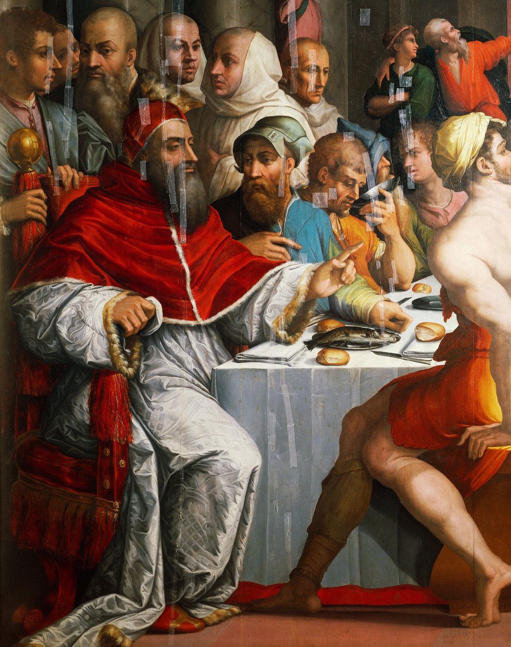 Påven Clemens VII i skepnad av San Gregorio, detalj från Dinner of St Gregory Great av Giorgio Vasari