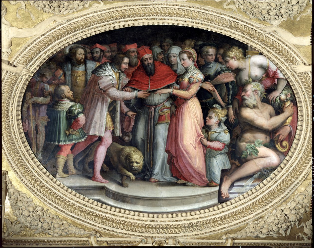Påven Clemens VII gifter sig med Catherine de Medici och Henri II av Frankrike, 28 oktober 1533, från "Sala di Clemente VII" av Giorgio Vasari