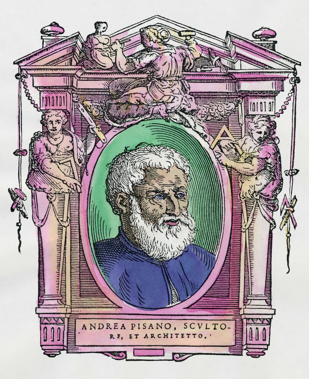 Porträtt av Andrea Pisano (1290-1349) italiensk skulptör och arkitekt. Gravering av godbiten "" Livet för de mest utmärkta målarna, skulptörerna och arkitekterna "" (Le Vite de
