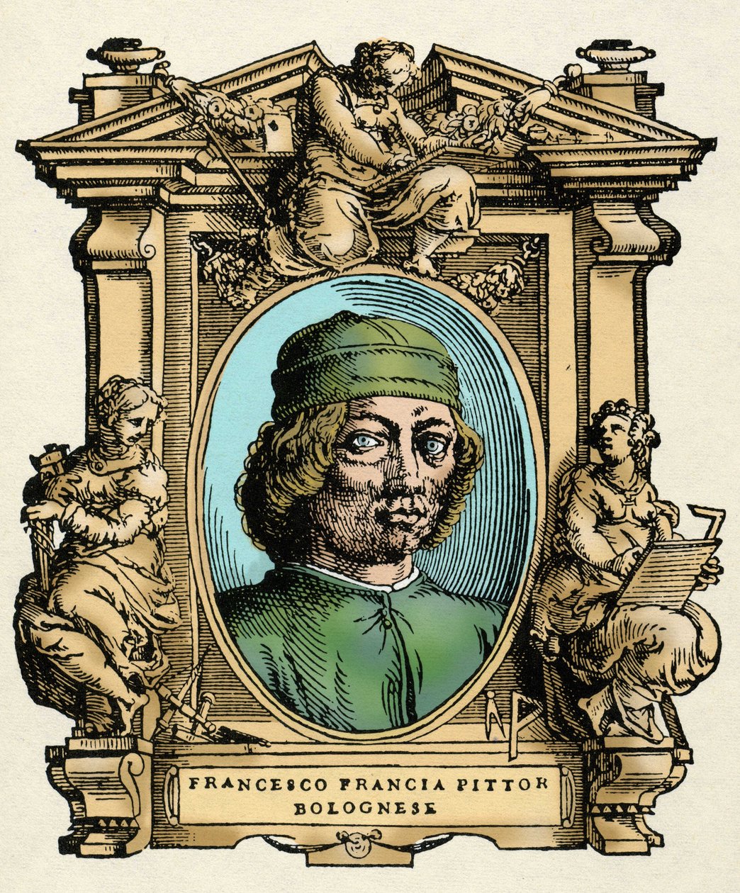 Porträtt av Francesco FRANCIA (1450-1517) italiensk målare. Gravyr av avhandlingen "" Livet för de mest utmärkta målarna, skulptörerna och arkitekterna "" (Le Vite de