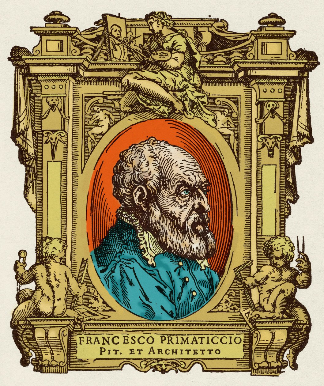 Porträtt av Francesco Primaticcio känd som The Primatice (1504-1570) målare, skulptör och arkitekt. Han var medlem av Ecole de Fontainebleau. Gravering av godbiten "" Livet för de mest utmärkta målarna, skulptörerna och arkitekterna "" (Le Vite de