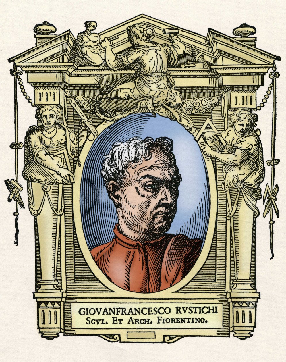 Porträtt av Giovan Francesco RUSTICI (1474 - 1554) italiensk skulptör och arkitekt. Gravering av godbiten "" Livet för de mest utmärkta målarna, skulptörerna och arkitekterna "" (Le Vite de