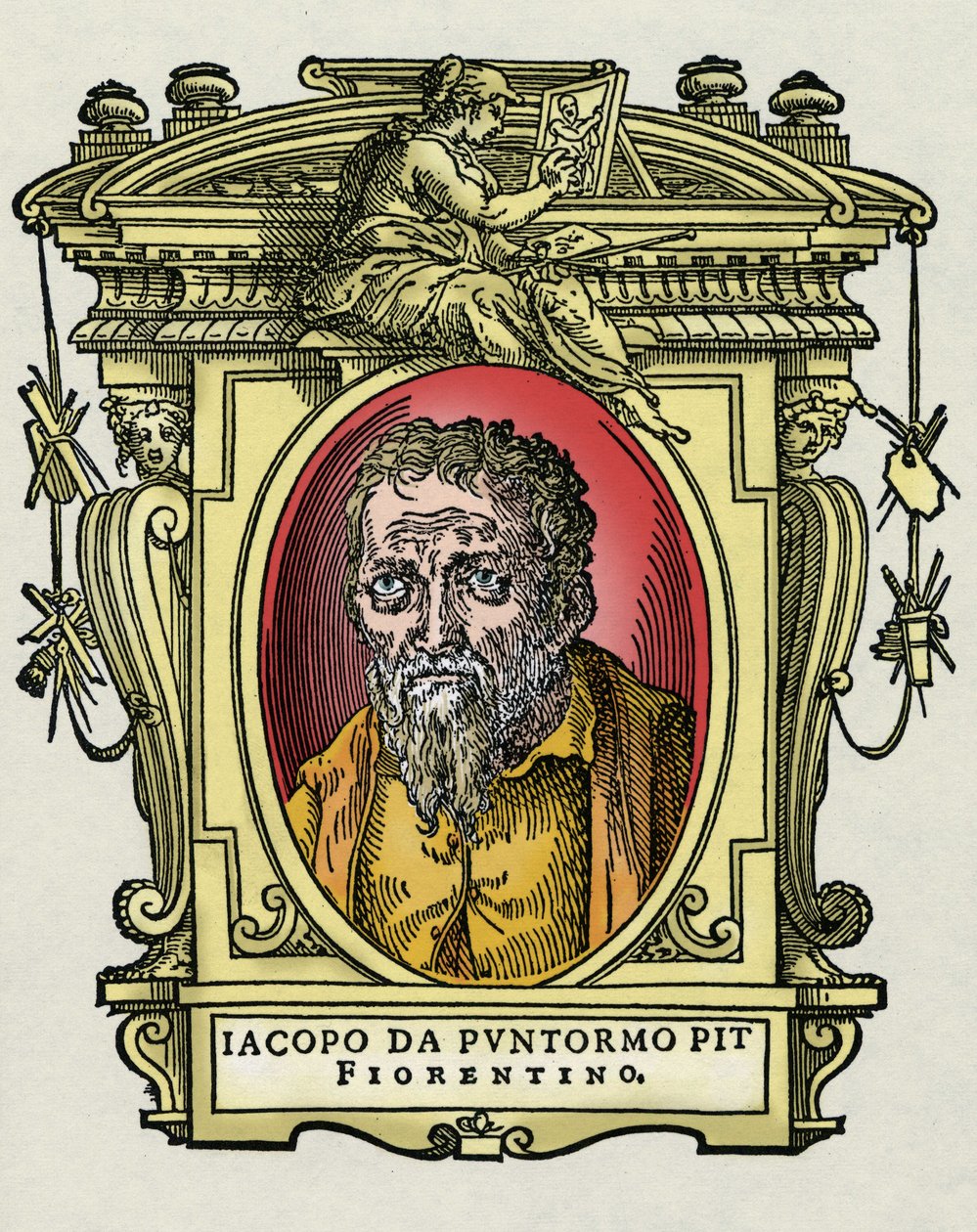 Porträtt av Jacopo (Iacopo) Carrucci sa il Pontormo (Pontormo) (1494-1556) italiensk målare. Gravering av godbiten "" Lives of the most excellent painters, sculptors and architects "" (The Lives of the most excellent painters, sculptors and architects) av  av Giorgio Vasari