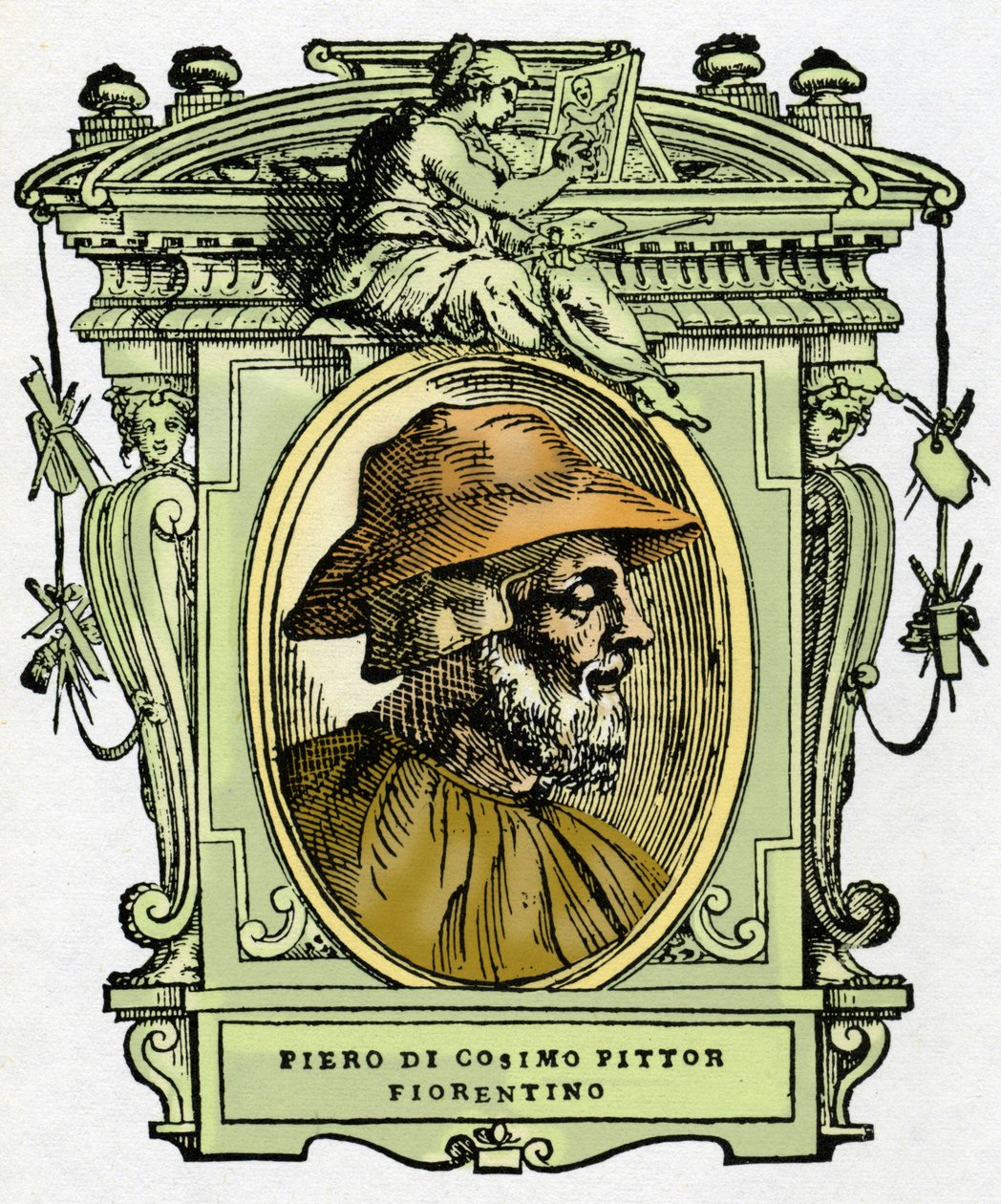 Porträtt av Piero di Cosimo (ca 1462-1521?), florentinsk målare. Gravering av godbiten "" Lives of the most excellent painters, sculptors and architects "" (The Lives of the most excellent painters, sculptors and architects) av Giorgio Vasari av Giorgio Vasari