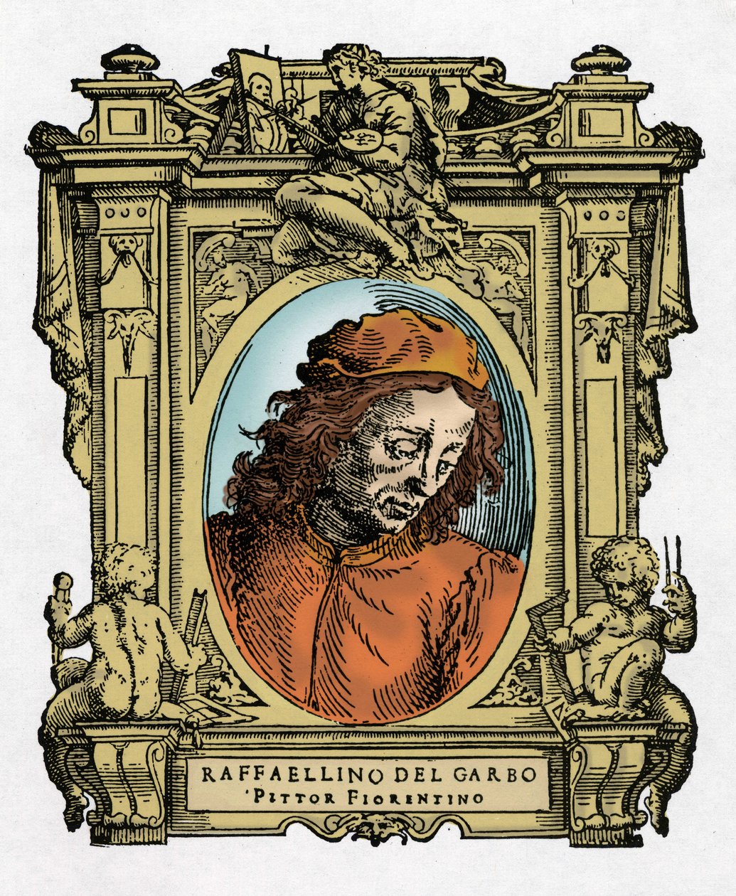 Porträtt av RAFFAELLINO DEL GARBO (Raffaellino de Carli) (1466-1525) italiensk målare. Gravering av godbiten "" Livet för de mest utmärkta målarna, skulptörerna och arkitekterna "" (Le Vite de
