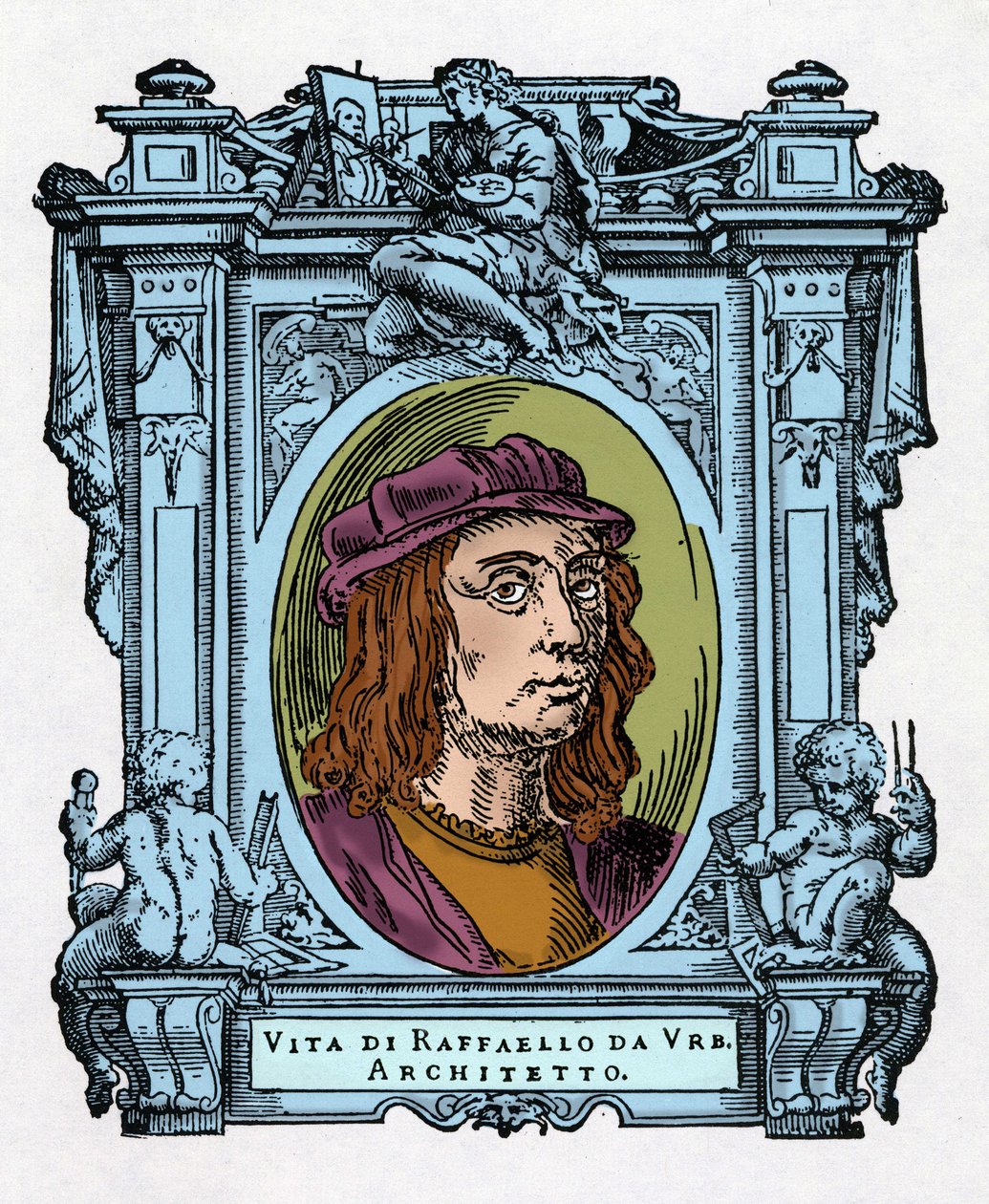 Porträtt av Raphael (Raffaello Sanzio 1483 - 1520) italiensk arkitekt och målare. Gravering av godbiten "" Livet för de mest utmärkta målarna, skulptörerna och arkitekterna "" (Le Vite de