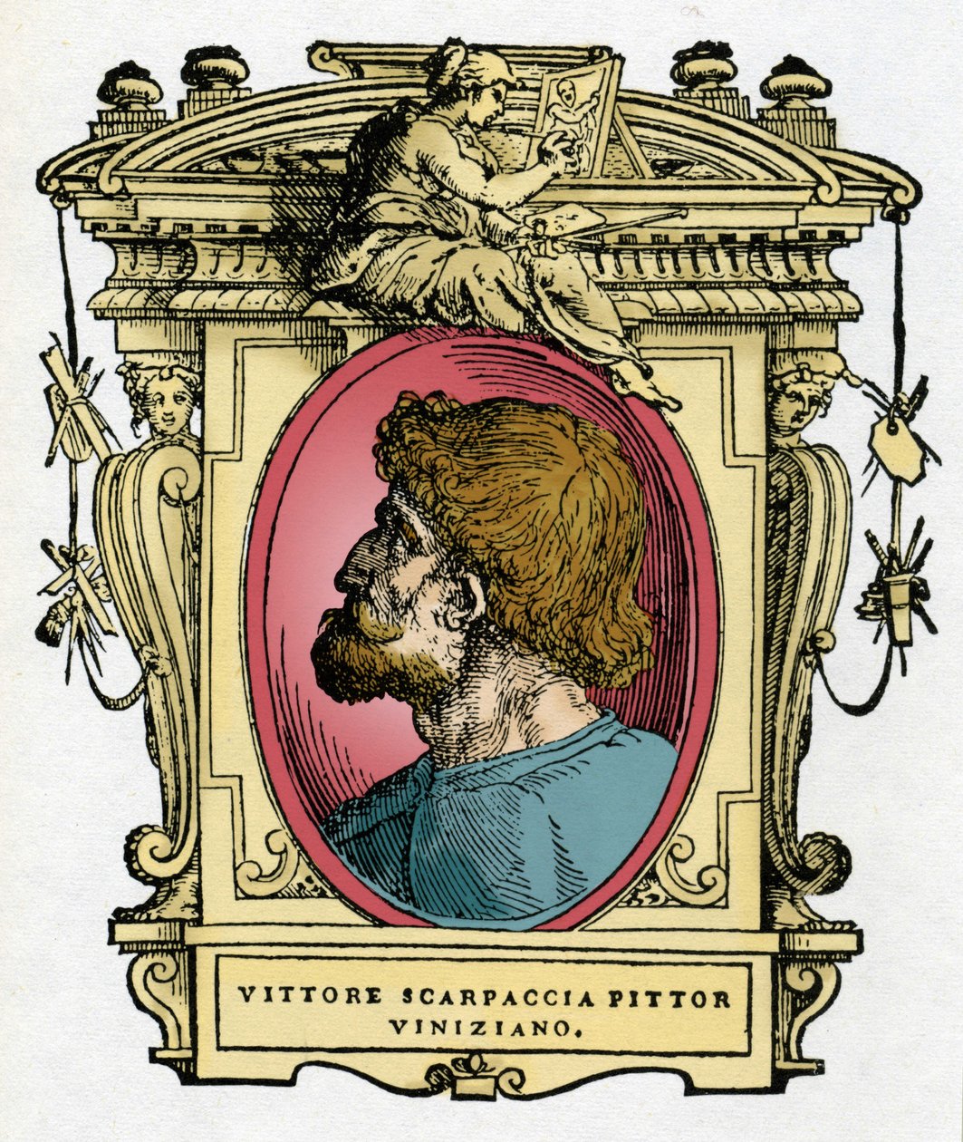 Porträtt av Vittore Carpaccio (1460-1526) venetiansk målare. Gravering av godbiten "" Lives of the most excellent painters, sculptors and architects "" (The Lives of the most excellent painters, sculptors and architects) av Giorgio Vasari av Giorgio Vasari