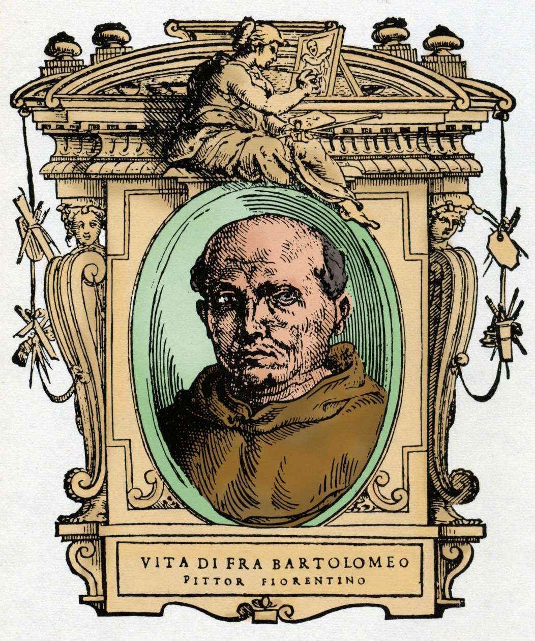 Porträtt av den florentinska målaren Fra Bartolomeo (1473-1517) .. Gravering av godbiten "" Lives of the most excellent painters, sculptors and architects "" (The Lives of the most excellent painters, sculptors and architects) av Giorgio Vasari av Giorgio Vasari