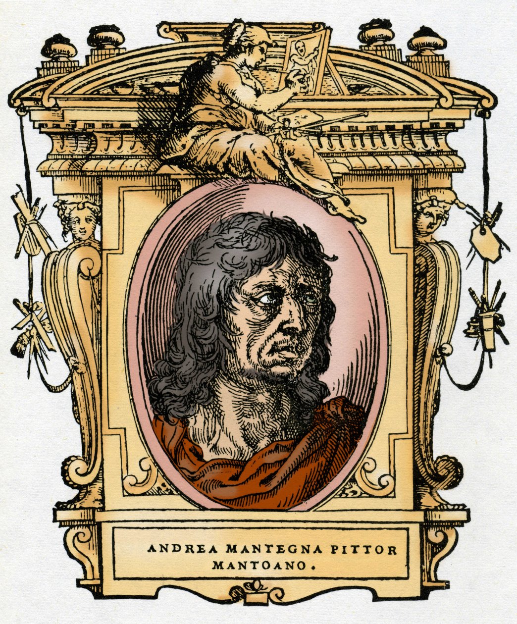 Porträtt av målaren Andrea Mantegna (1431-1506) Xylografi från "The Life of Painters" av Giorgio Vasari. av Giorgio Vasari
