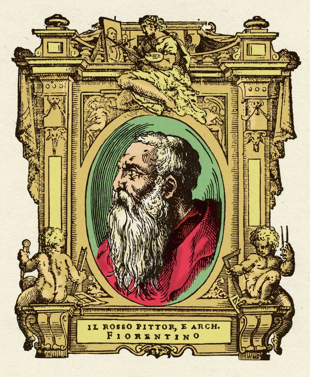 Porträtt av målaren Giovanni Battista di Jacopo (Rosso Fiorentino) (1495-1540). Han var medlem av Ecole de Fontainebleau. Gravering av godbiten "" Livet för de mest utmärkta målarna, skulptörerna och arkitekterna "" (Le Vite de