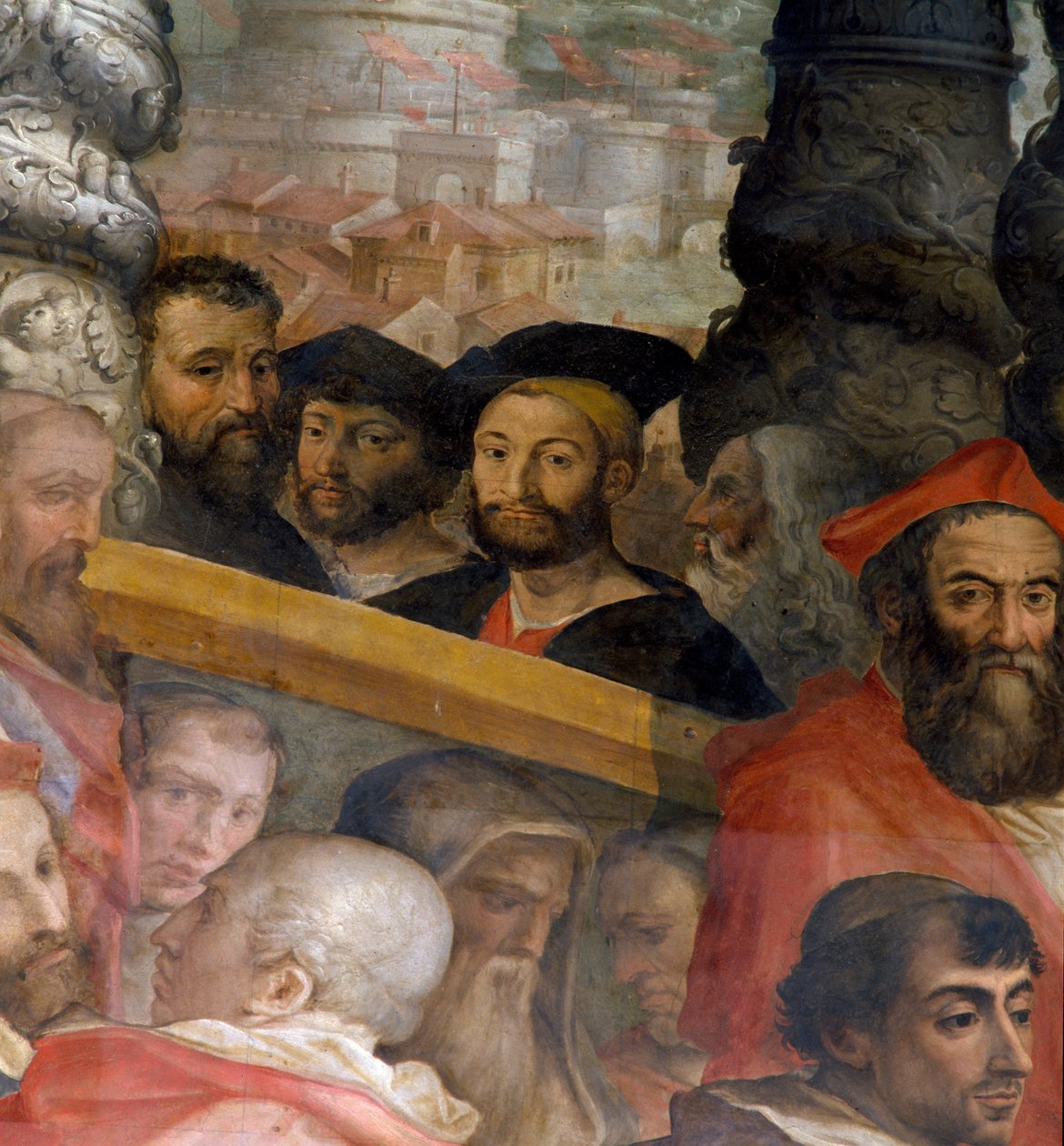 Porträtt av Michelangelo, Lorenzo de "Medici, hertigen av Urbino, Giuliano dei Medici och Leonardo da Vinci, detalj från" Påven Leo X väljer flera kardinaler ", 1553-85 av Giorgio Vasari