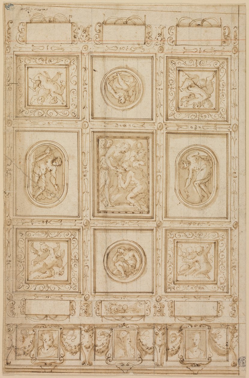 Studera för en takdekoration, med Rebecca och Eliezer vid brunnen (recto); Studie för en takdekoration (verso) av Giorgio Vasari