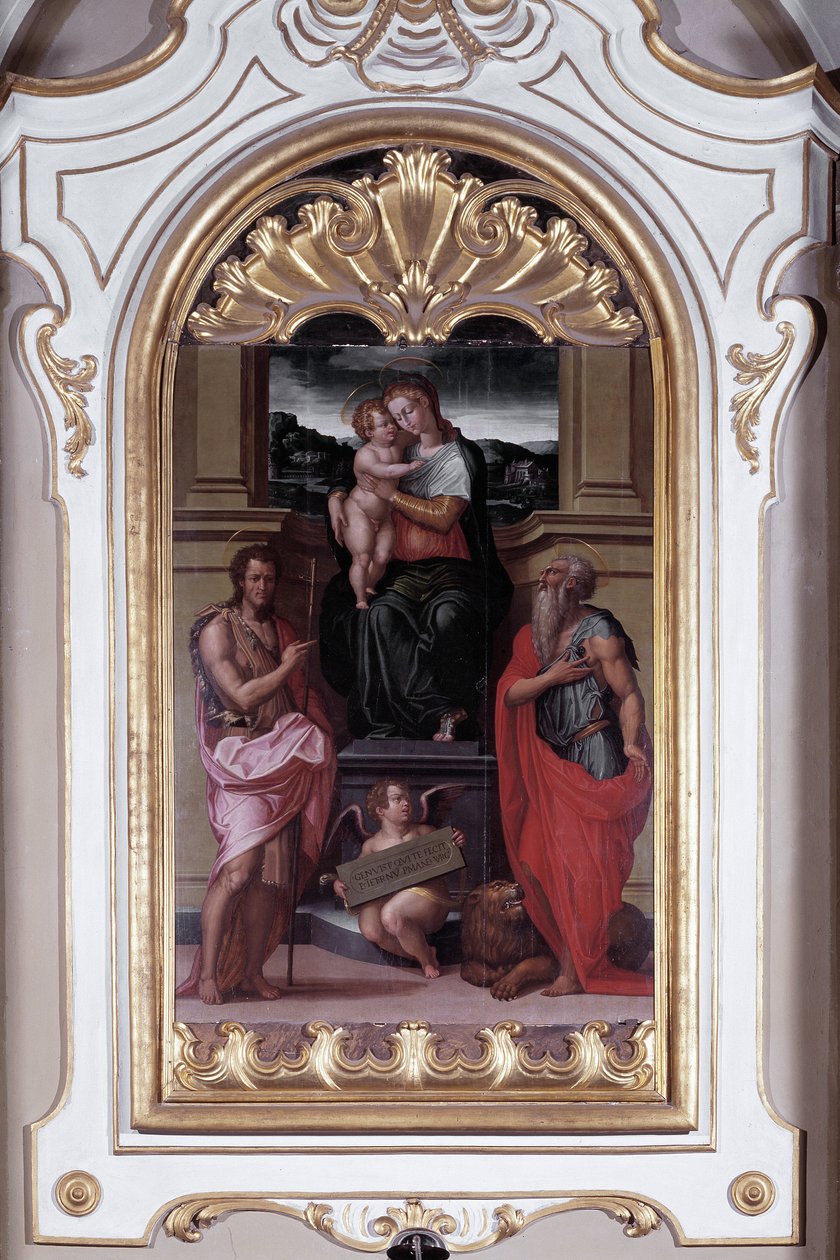 Jungfru omgiven av St John Baptist och St Hieronymus (olja på duk av Giorgio Vasari