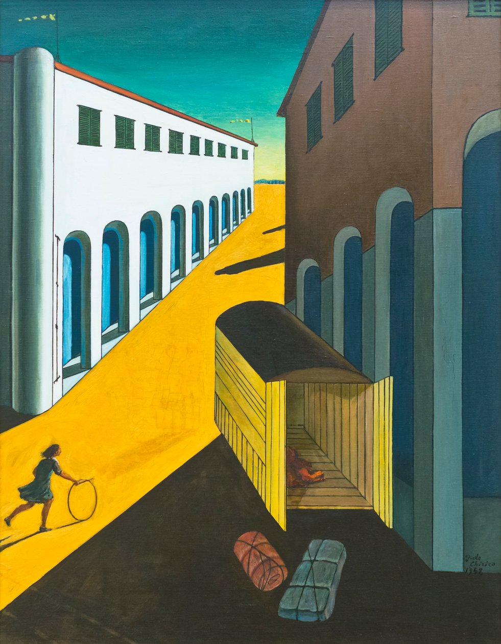 Mysterium och melankoli på en gata, flicka med ring av Giorgio de Chirico