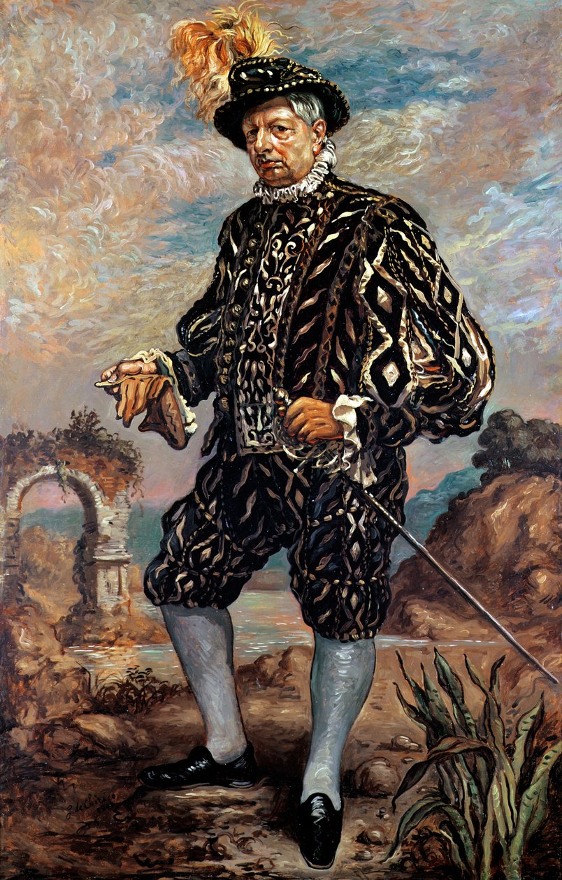 Självporträtt i svart 1600-talsdräkt av Giorgio de Chirico