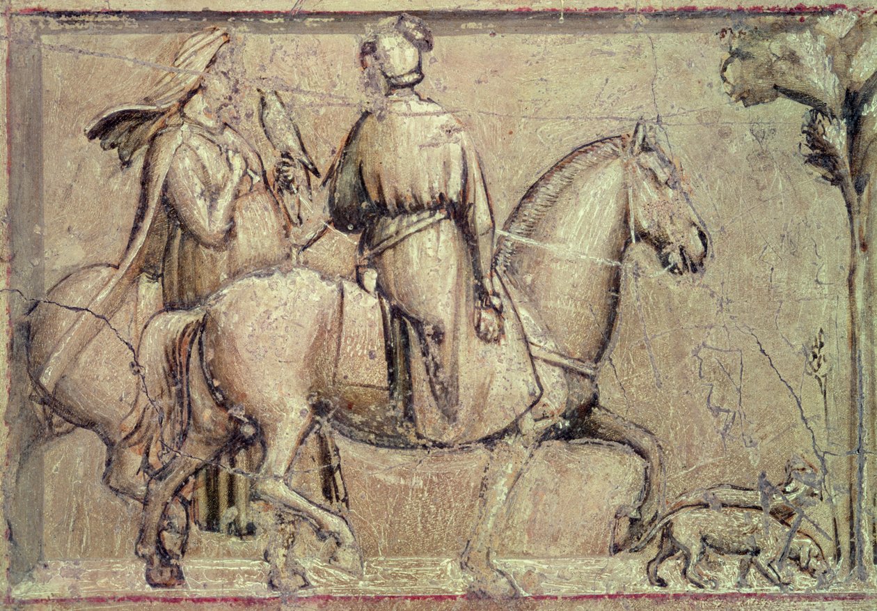 Allegory of Justice, före restaurering (detalj av två ryttare som avgår för jakt med en falk), 1305 av Giotto di Bondone