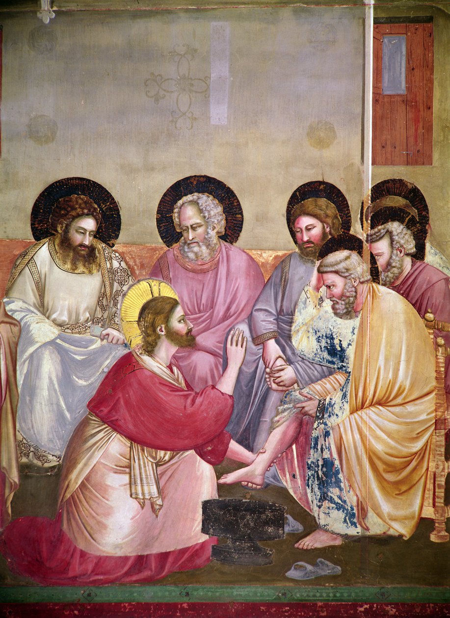 Kristus tvättar lärjungarnas fötter, detalj om Kristus och sex lärjungar, ca 1303-05 av Giotto di Bondone