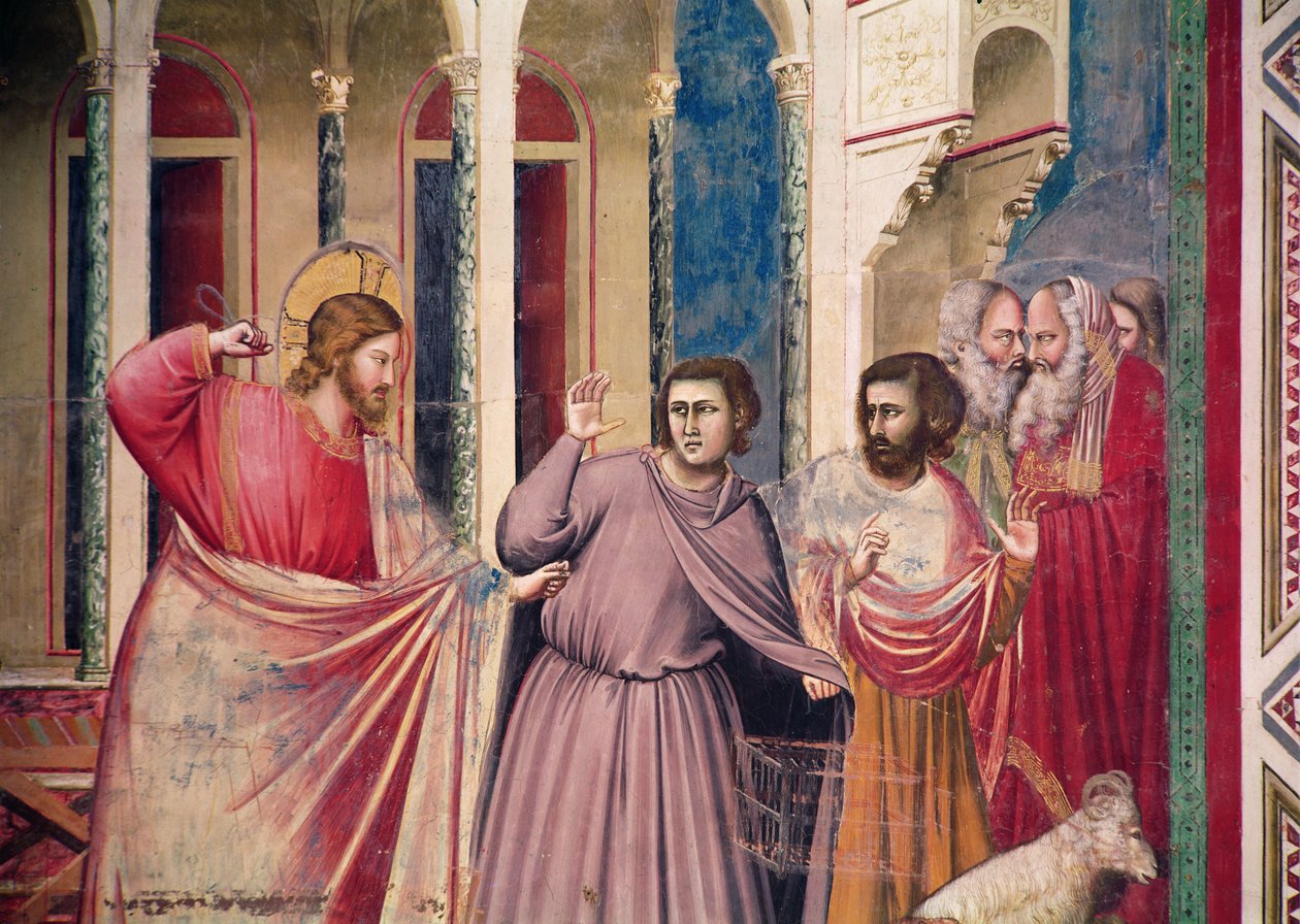 Jesus jagar köpmännen från templet, detalj av Kristus och två köpmän, ca 1303-05 (detalj av 444251) av Giotto di Bondone
