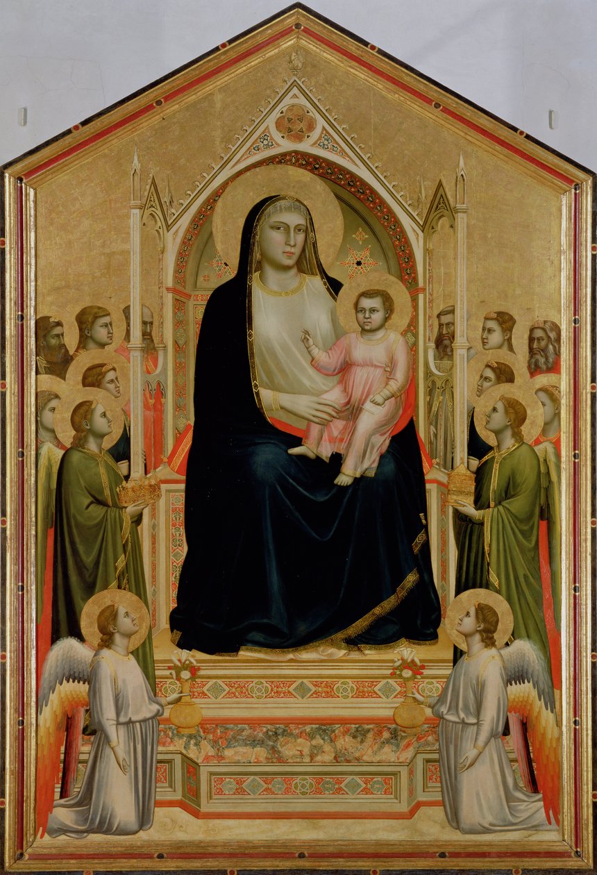 Madonna and Child Enthroned, c.1300-10 (tempera på panel) (POST-restaurering) (se även 50342) av Giotto di Bondone