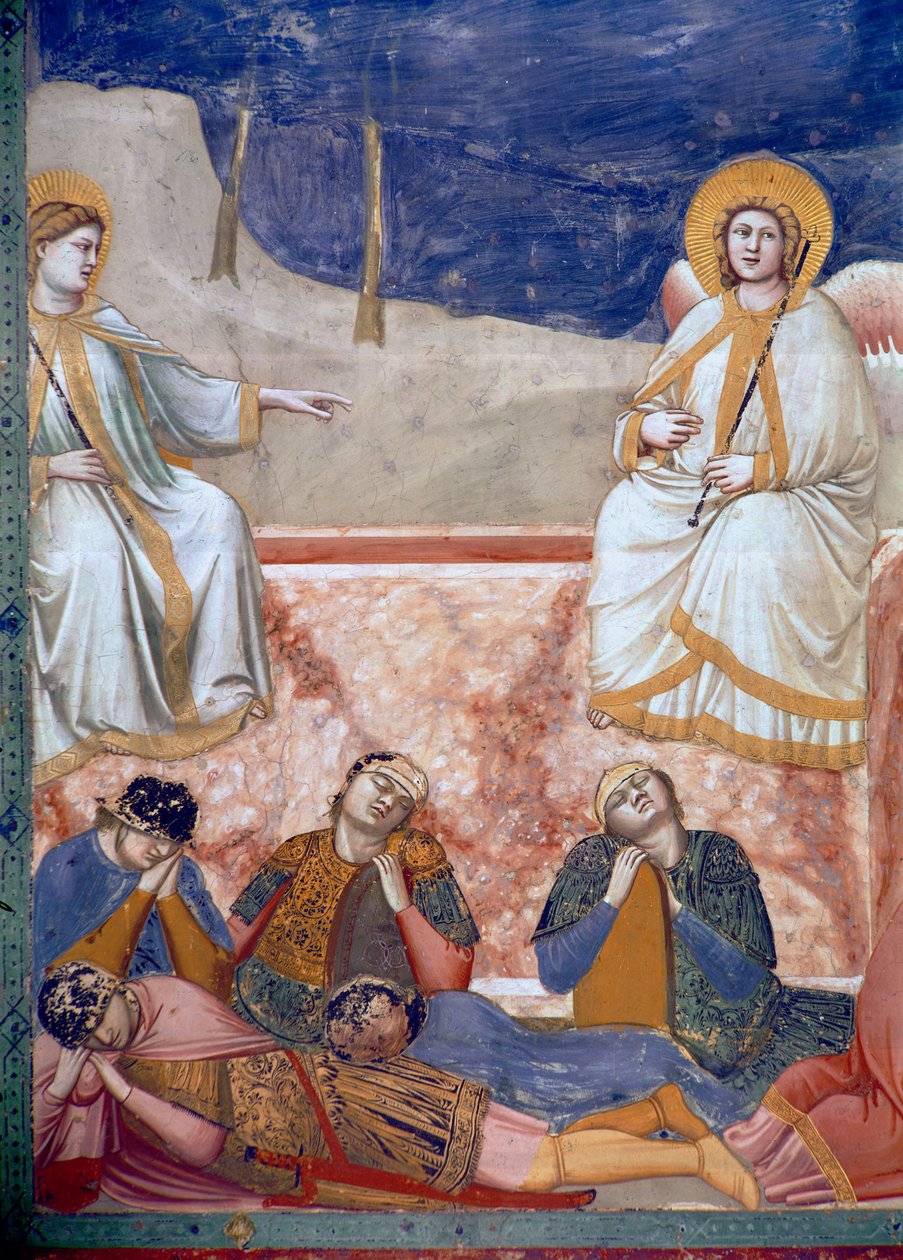 Noli Me Tangere, eller Kristi uppenbarelse för Maria Magdalena, detalj av graven, änglar och sovande soldater, 1303-05 (se även 155974) av Giotto di Bondone
