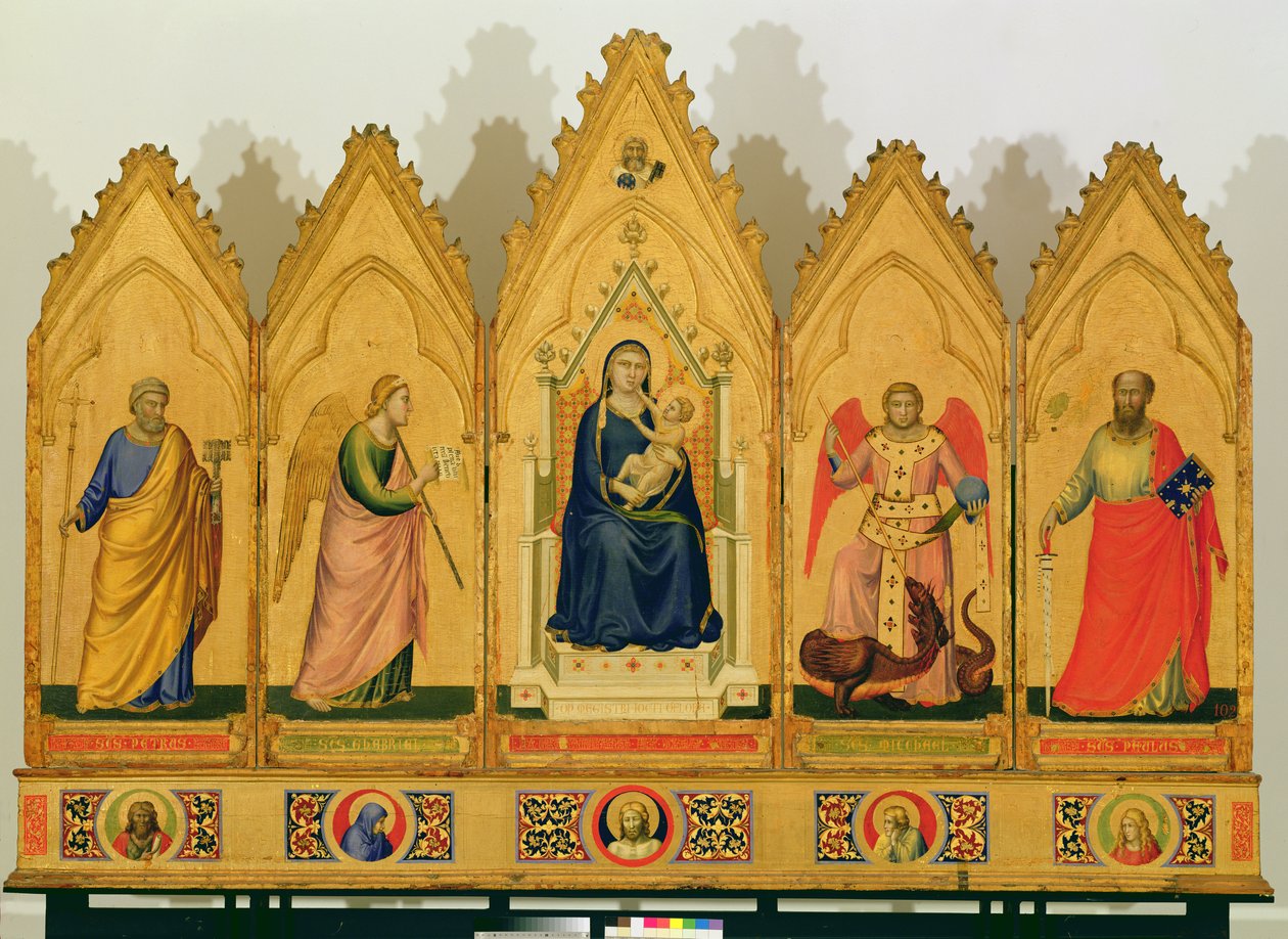 Polyptyk av Jungfrun och barnet flankerad av helgon, 1333-34 (tempera på panel) av Giotto di Bondone
