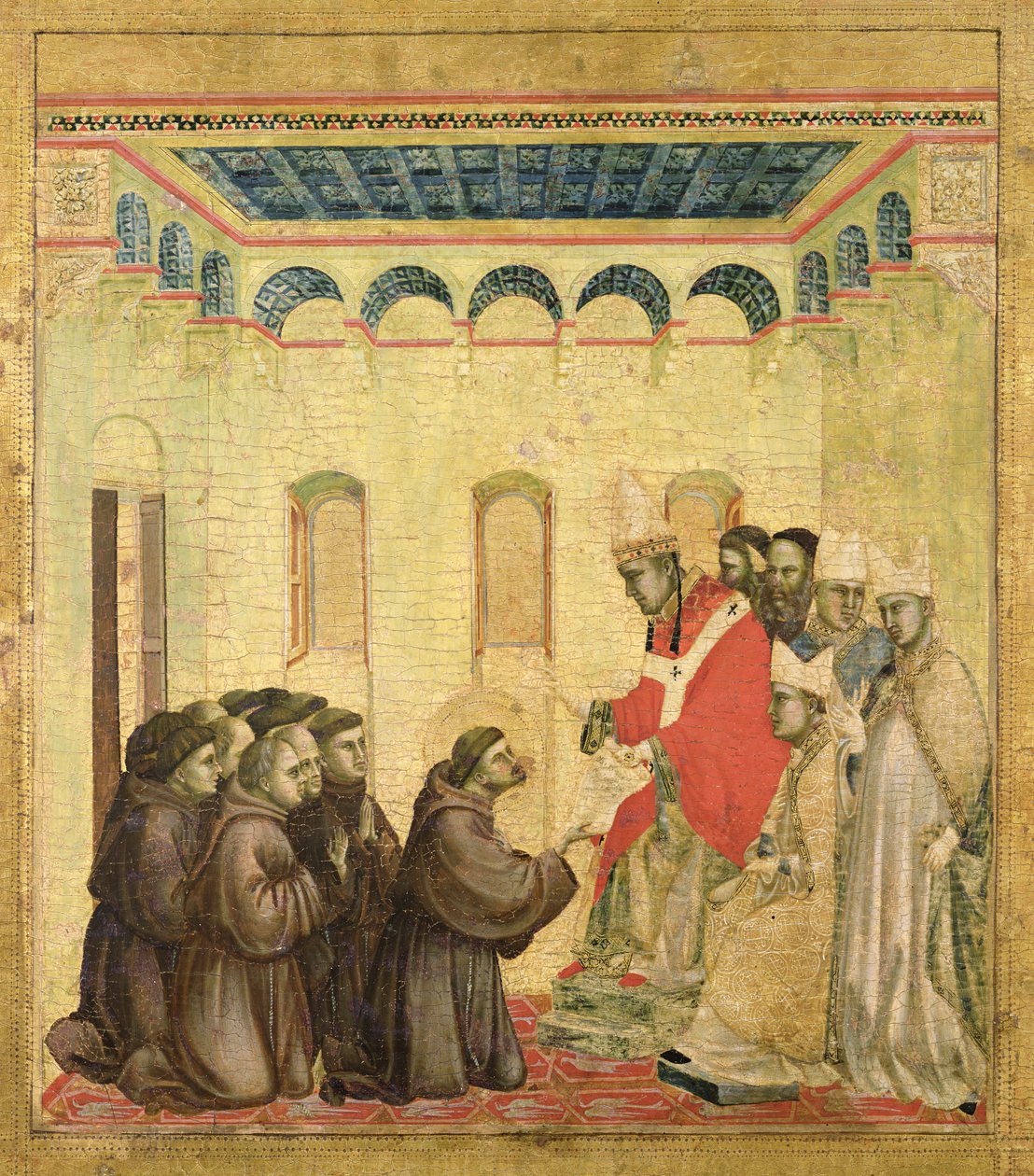 Påven Innocentius III (1160-1216) Godkänner regeln, från predellapanelen från St. Franciskus som tar emot Stigmata, ca 1295-1300 (tempera på panelen) av Giotto di Bondone