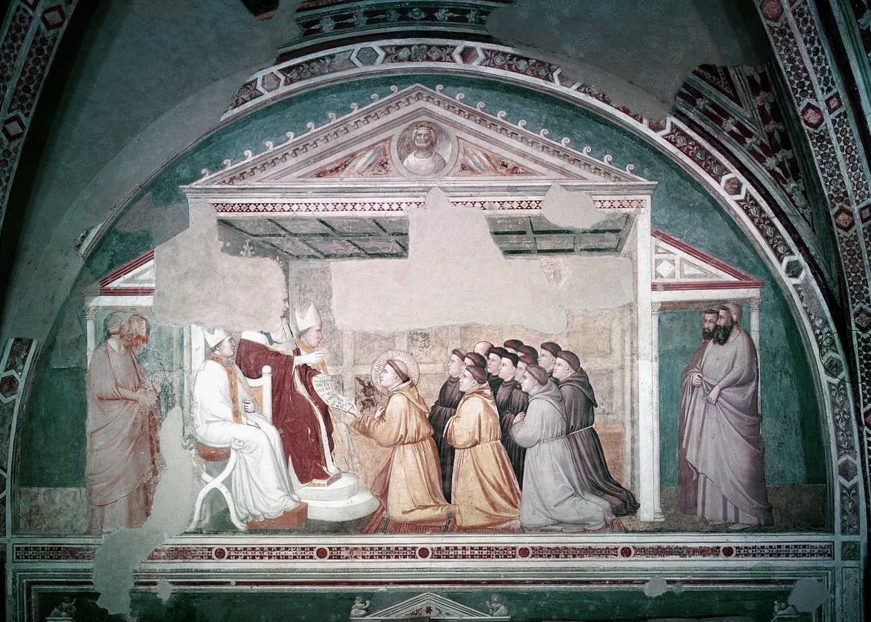 Påve Innocentius III (1160-1216) Godkännande av St. Franciskus regel, från Bardi-kapellet, ca 1320 av Giotto di Bondone