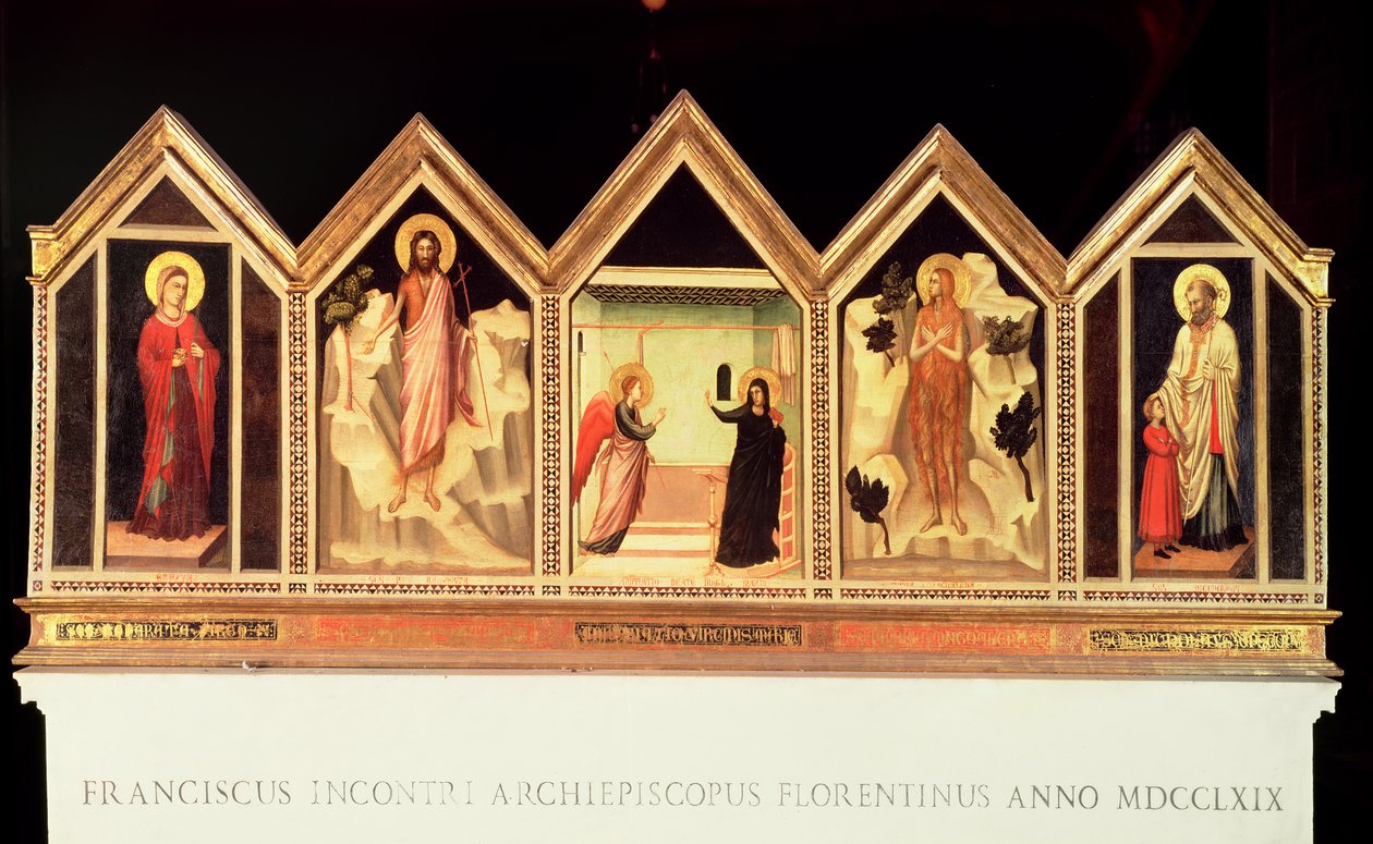 St. Reparata Polyptyk, L till R: St. Reparata, St. Johannes Döparen, Bebådelse, oidentifierat helgon, St. Nicholas (omvänd) av Giotto di Bondone