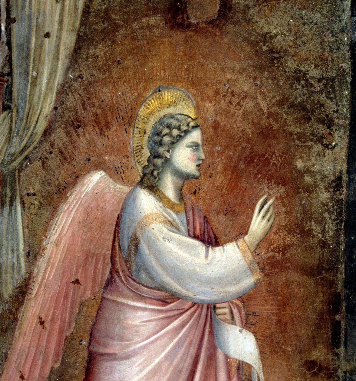Bebådelsen, detalj av ängeln Gabriel, från lunetten ovanför altaret, c.1305 freskdetalj av 97841 av Giotto di Bondone