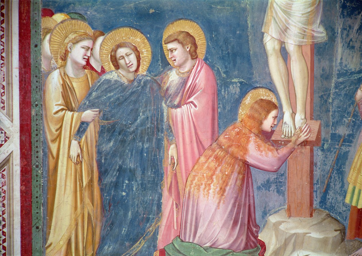 Korsfästelsen, detalj av Maria Magdalena och Jungfrun mellan Sankt Johannes och ett kvinnligt helgon, ca 1303-05 av Giotto di Bondone